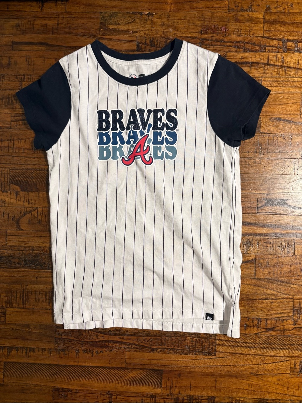 New Era White Pinstripe Braves Tee with Navy Sleeves